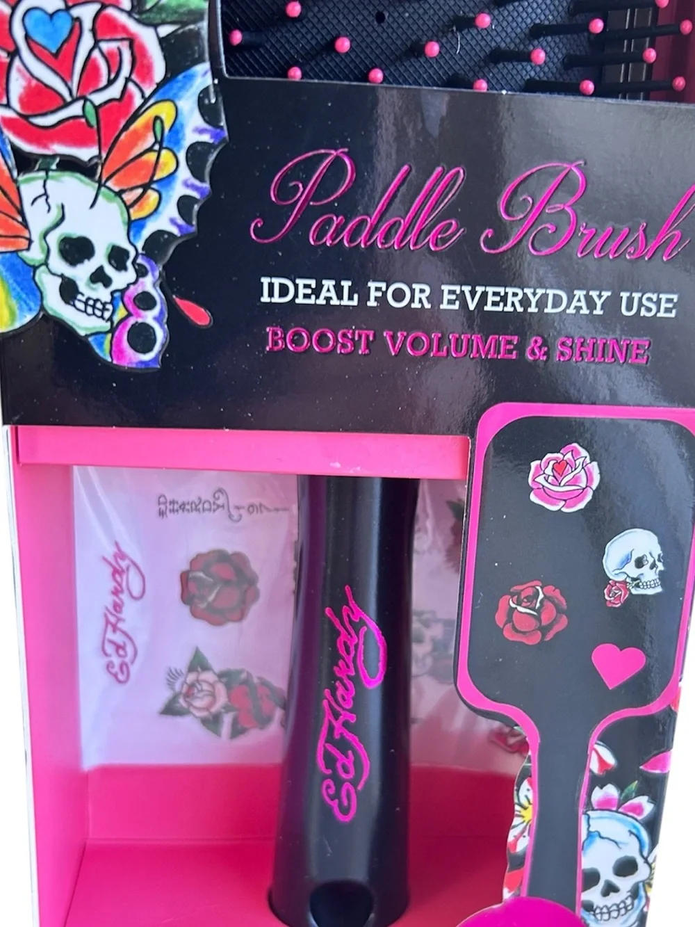 Ed Hardy Black and Pink Paddle Brush with Tattoo Floral Design